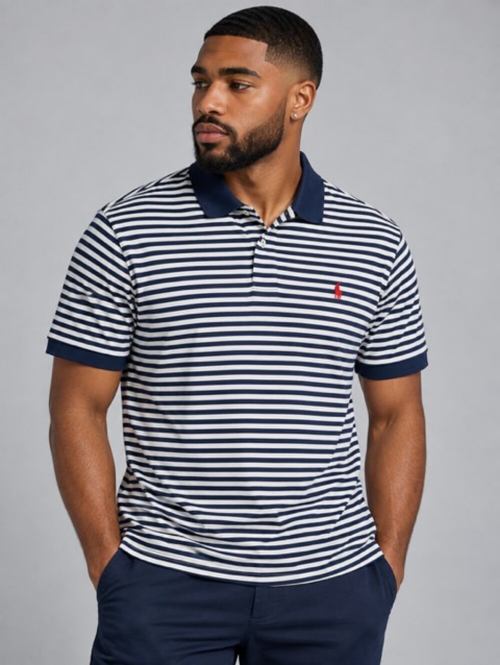 Polo by Ralph Lauren Navy and White Striped Polo with Red Pony